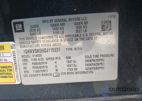 2013 GMC Acadia Slt-2 from USA, damaged, VIN 1GKKVSKD9DJ115237